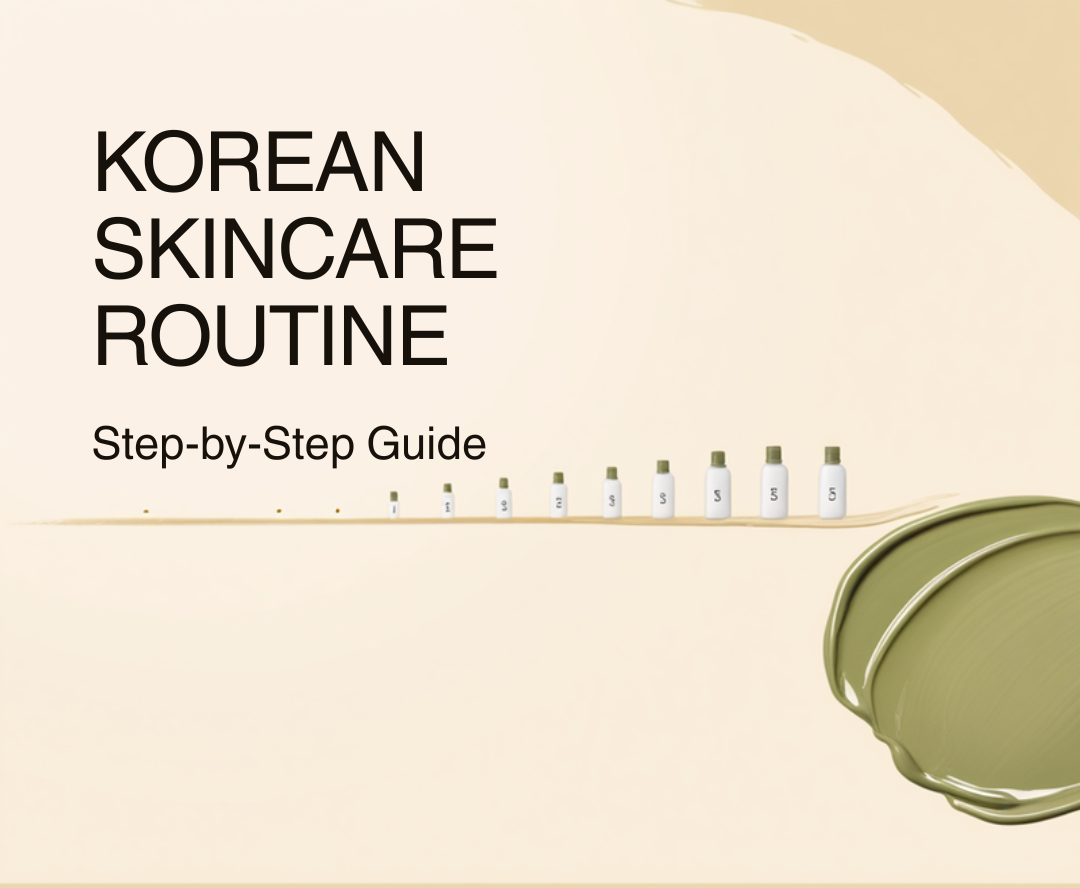 Korean Skincare Routine header with a row of numbered bottles showing the order of the steps